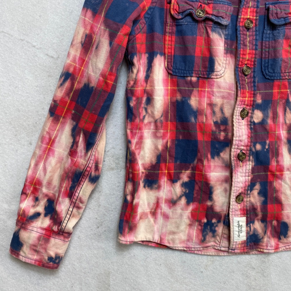 Abercrombie & Fitch Flannel Shirt Mens S Red Blue Bleached Acid Wash Button Up - Picture 4 of 9